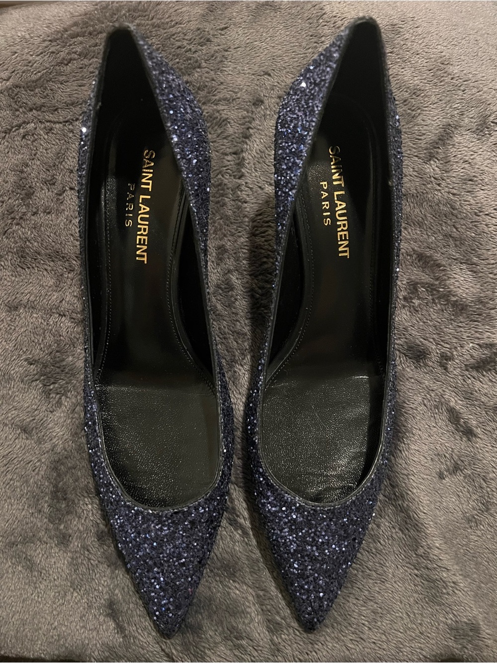 Saint Laurent Navy Glitter Pointed Toe Pumps